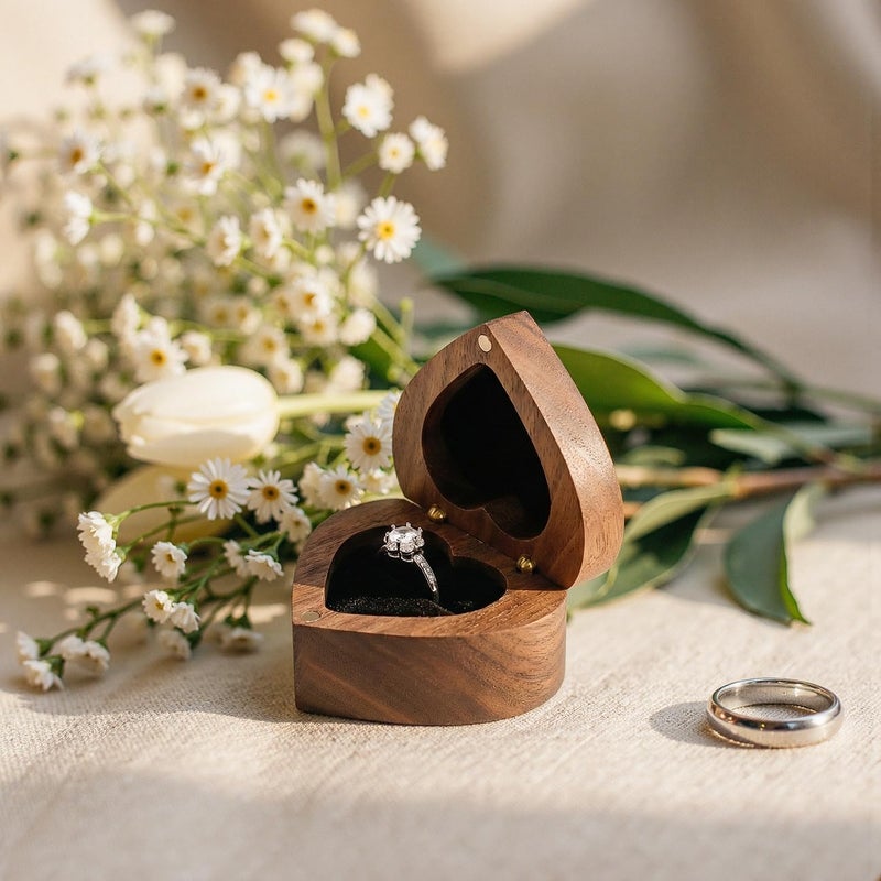 Wislist Engagement Proposal Ring Box Slim Wooden Heart Shaped Ring Case Bearer Box Holder for Wedding Ceremony, Commemoration Day, Birthday Gift, Jewelry Store, Collection & Display - Image 3